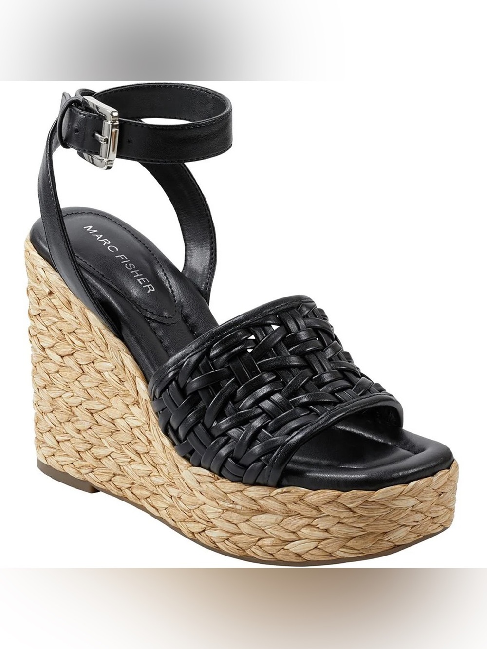 Marc Fisher "Godina" faux leather ankle strap 4.5” wedge sandals NEW Size 7.5
